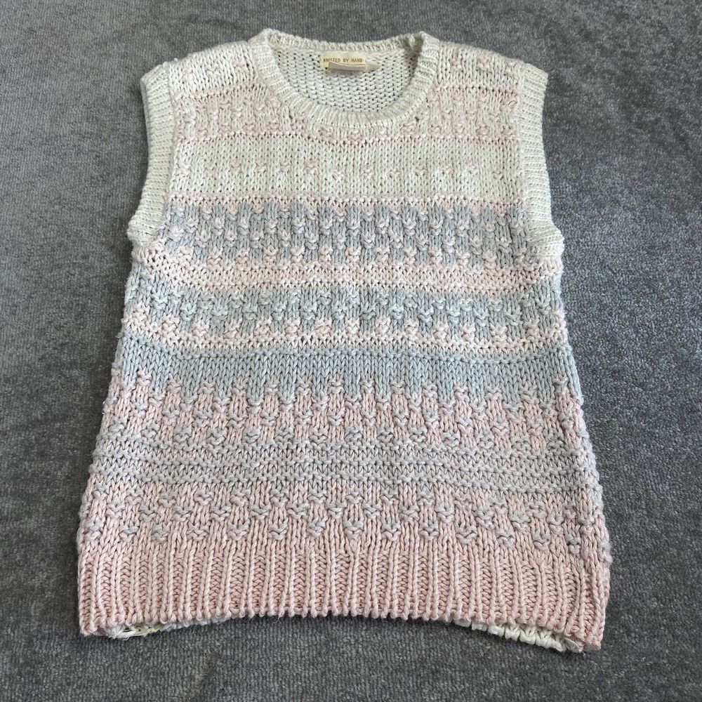 Vintage Eber International Sweater Vest Women Large Pink Blue Hand Knitted Shirt
